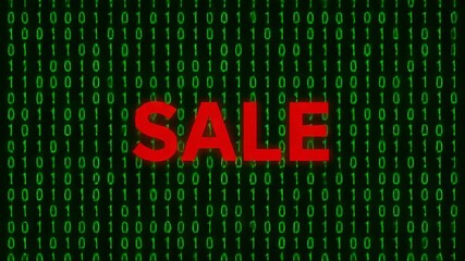 Starting playback, red SALE staying central on screen as green binary code scrolling promoting sale - Powered by Adobe