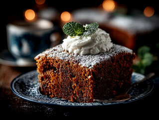 Gingerbread cake piece  with sugar powder and whipped cream on top, blurred lights in background