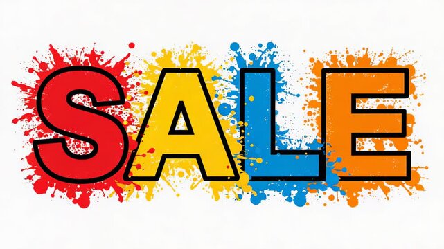 Displaying SALE centered on white canvas on play, with colorful splatters black outline baseline