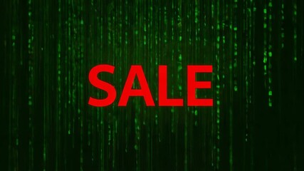 Loop starting, bold red SALE text staying centered on backdrop, falling green code promoting sale - Powered by Adobe