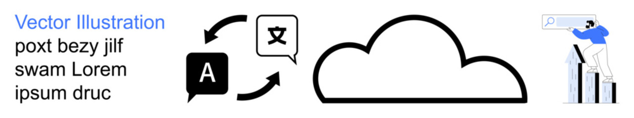 Cloud storage, machine translation, data analysis, digital transformation, remote access, and communication. Cloud icon, language symbols person analyzing data. Cloud storage and machine translation
