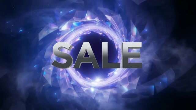 Pulsing core pulling facets into rotating ring around SALE letters in blue void, highlighting SALE