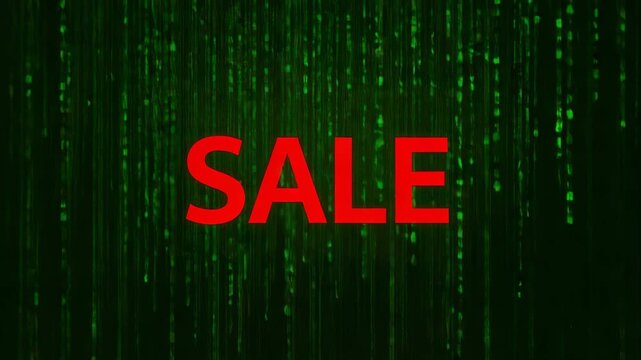 Loop starting, bold red SALE text staying centered on backdrop, falling green code promoting sale