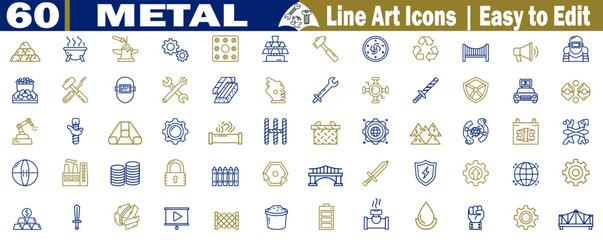 Sixty metal icons set design with fine line style related to the metal industry business vector illustration. 