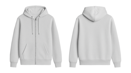 Gray Zip Hoodie Mockup Front and Back View on Transparent Background