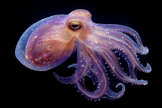 Bioluminescent purple Dumbo Octopus floating in deep sea
