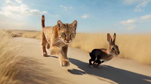 Chasing tawny wildcat closing on hare, hare leaping to escape along sandy track, dust trailing