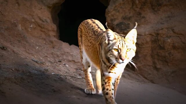 Emerging lynx moving from dark den toward camera, sunlight drawing, scouting pebbles on sandy ledge