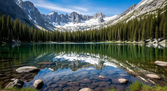 Serene mountain lake reflecting snow capped peaks and evergreen forest - Powered by Adobe