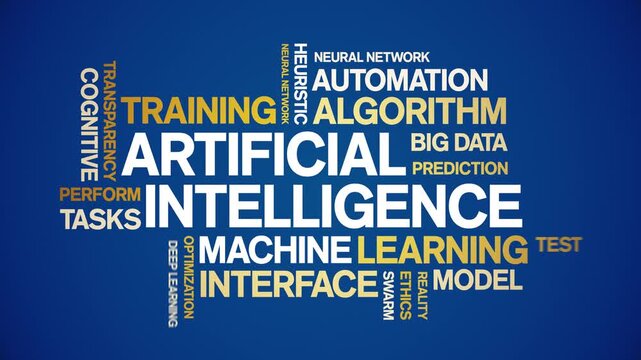 Artificial intelligence animated word cloud-text design animation tag kinetic typography seamless loop.