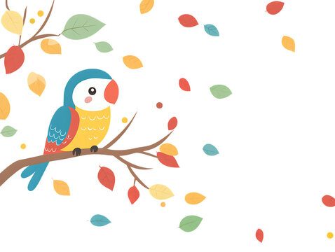 Cute cartoon parrot perched on a branch with colorful falling leaves isolated on transparent background