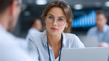 Confident businesswoman working on laptop in modern office.