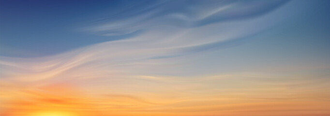 Naklejka premium Beautiful sky gradient with soft clouds at sunset. Pastel blue and orange hues blend across horizon. dramatic Backdrop for nature scene landscape with golden sunlight and peaceful twilight colors.