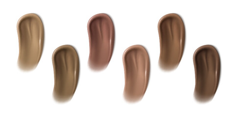 Makeup swatch of dark liquid foundation with smooth texture and realistic smear. Cosmetic concealer sample of brown skin tone, brush stroke application and creamy blend for beauty product display.