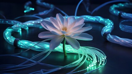Flower blooming from glowing network cables with cyberpunk atmosphere – Perfect for futuristic design, digital art, or data flow concepts.