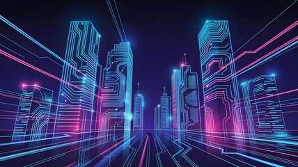 Neon Circuit Board City Skyline Reflecting on Dark Water – Perfect for cyberpunk, technology, data flow, or abstract urban concepts.