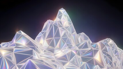Mountain landscape formed from glowing holographic polygons at night – Ideal for abstract concepts, digital art, or virtual environment.