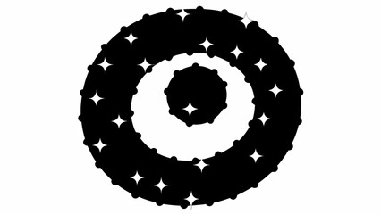 Abstract black and white concentric circles with star and dot patterns creating depth and contrast