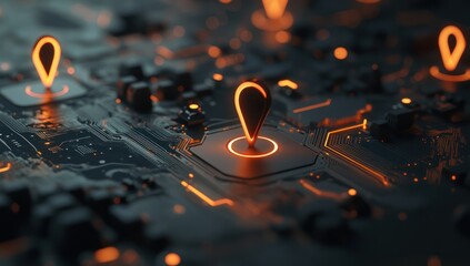 Abstract glowing orange location markers on an intricate dark circuit board, symbolizing global connectivity and advanced digital technology.