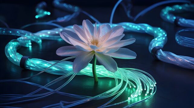 Flower blooming from glowing network cables with cyberpunk atmosphere – Perfect for futuristic design, digital art, or data flow concepts. - Powered by Adobe