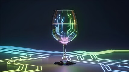 wine glass filled with holographic glowing circuits – Ideal for high-tech luxury, virtual events, or abstract liquid technology visuals.