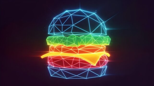 burger made of glowing polygonal shapes symbolizing digital food – Ideal for modern cuisine concepts, digital art collections, or minimalist food design.
