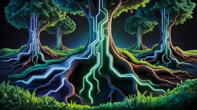 forest trees growing from neon circuit roots for sustainability concept – Suitable for sustainable business, futuristic forestry, or conservation technology.