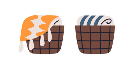 Warm cozy blankets, plaids inside woven baskets. Organized home textile in interior containers. Soft hygge decorations, accessories. Flat vector illustration isolated on white background