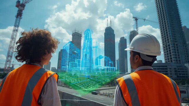 Hologram appearing, planner hi-vis pointing at city model on deck, manager hardhat nodding planning