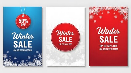 Collection of three winter sale promotional posters featuring red circular discount badges and snowflake graphics on blue, white, and red backgrounds