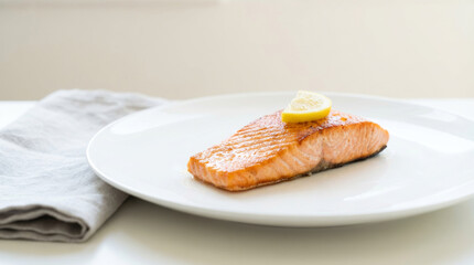 Perfectly Cooked Salmon Fillet with Lemon Slice on White Plate, Healthy and Delicious Meal