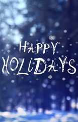 Happy Holidays text. A calm, frozen winter scene. Amazing nature background. Frozen pine trees close up. Winter wonderland. Idyllic nature. Banner. Amazing Winter, calmness