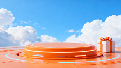 Cloud Background Orange Display Stand & Gift Box 3D Scene