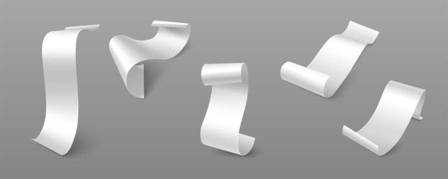 Long paper bill mockup in 3D realistic style - isolated white receipt roll for shop payment. Blank thermal check template with paper texture for grocery store, restaurant POS or supermarket cashier.