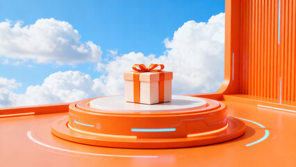Cloud Background Orange Display Stand & Gift Box 3D Scene