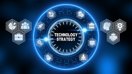 Digital technology strategy concept with glowing blue circle and business icons innovation