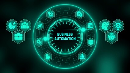 Glowing neon teal business automation concept with icons in hexagons arranged in a circle technology
