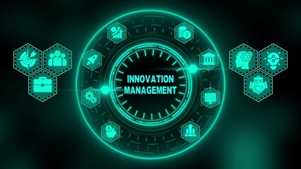 Glowing neon teal digital interface with icons for innovation management and business concepts on dark background