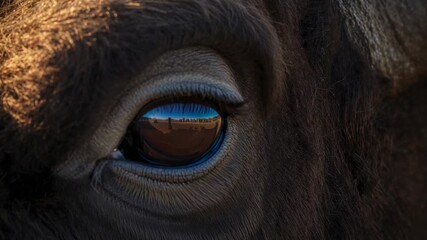 Shifting bison eye on sighting two silhouettes, reflecting horizon on prairie, sunlight warming fur - Powered by Adobe