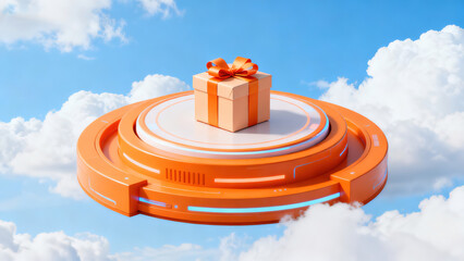 Cloud Background Orange Display Stand & Gift Box 3D Scene