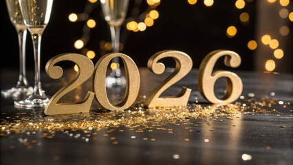 3D render of the elegant metallic gold number "2026" on a reflective black surface surrounded by glitter and blurred champagne flutes. Luxury new year celebration concept.