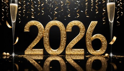 3D render of the elegant metallic gold number "2026" on a reflective black surface surrounded by glitter and blurred champagne flutes. Luxury new year celebration concept.