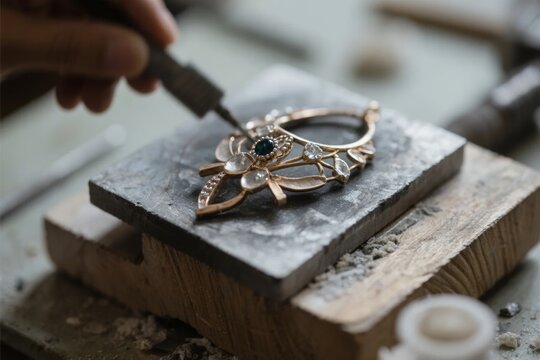 Close-up of a jeweler's hand using a tool to craft a detailed gold bracelet with gemstones on a workbench