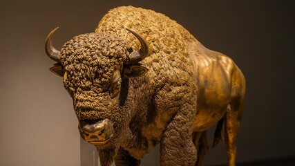 Moving camera approaching bronze bison sculpture in gallery, revealing curly forequarters - Powered by Adobe
