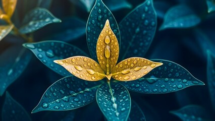 Close up of golden and blue leaves covered with water droplets after the rain