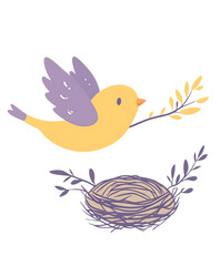 Obraz premium A cheerful yellow bird with purple wings carries a branch to its nest isolated on transparent background