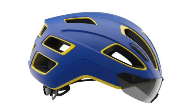 Blue and yellow bicycle helmet isolated PNG, safety gear for cycling and outdoor sports on transparent background