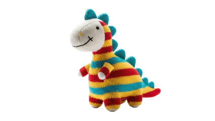 Striped knitted dinosaur toy isolated PNG on transparent background, cute colorful stuffed animal for kids and decoration © Hugo