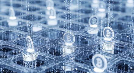 Abstract futuristic illustration of bitcoin cryptocurrency coins with digital data stream background, representing blockchain technology and digital finance.