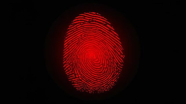 Pulsing red fingerprint graphic appearing on activation on black display, verifying access